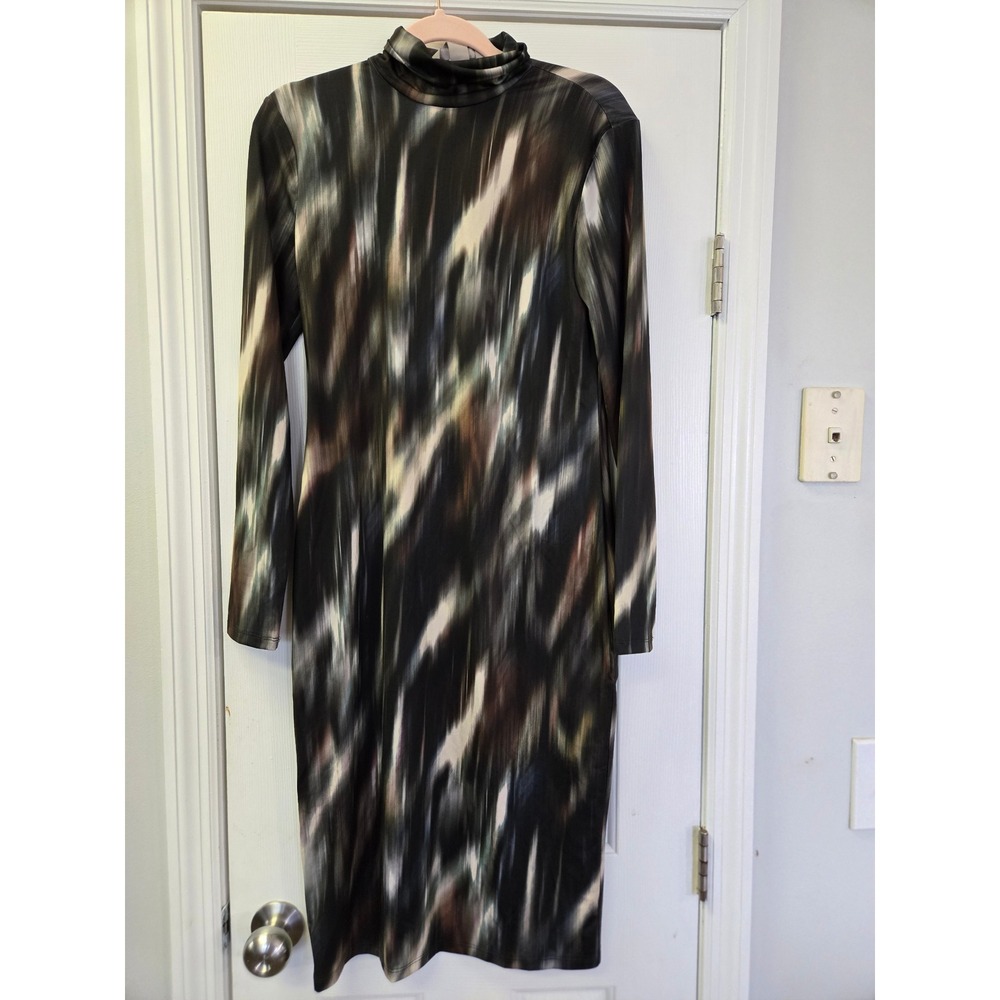 Abstract Blurred Print Mock Neck Midi Dress Long Sleeve Earth Tones Size M NEW